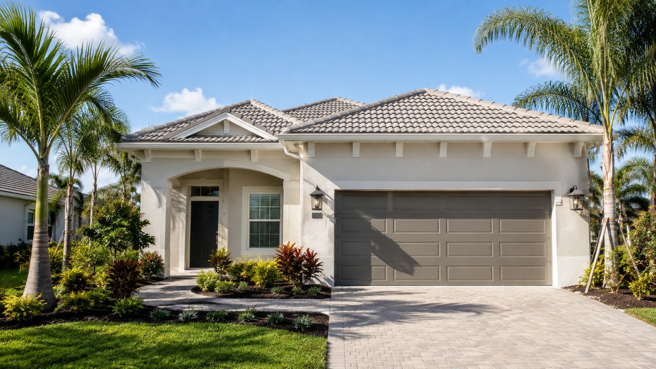Single family model home elevation at SkySail in Naples with a tile roof, paver driveway and tropical landscaping